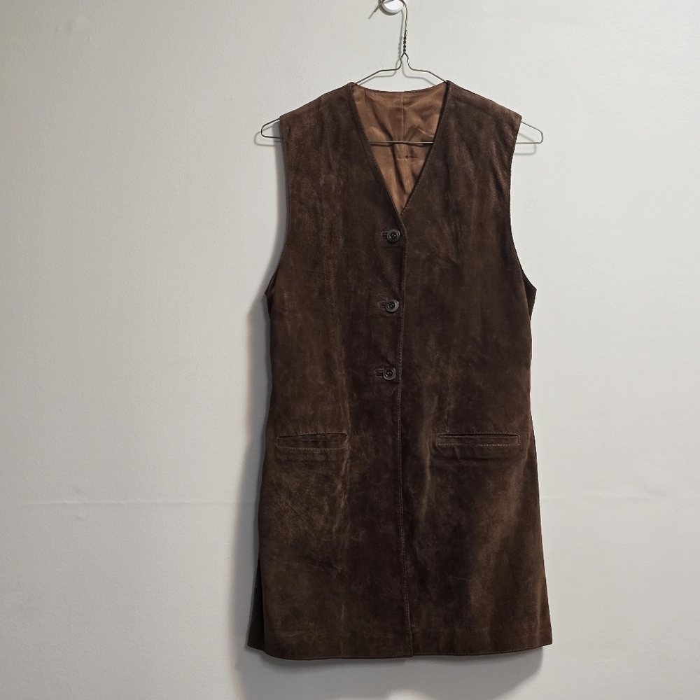Vintage Please Brown Suede Leather Long Vest